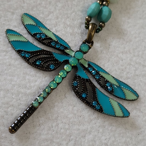 Dragonfly Artisan Necklace Hand Crafted Beaded Turquoise Stones Crystals 16.5" - Picture 3 of 14